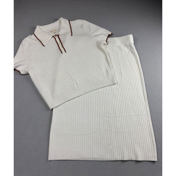Marled Dresses & Skirts - Marled 2 Piece Skirt Set XL White Ribbed Knit Polo Top Midi Skirt Cream Co-ord